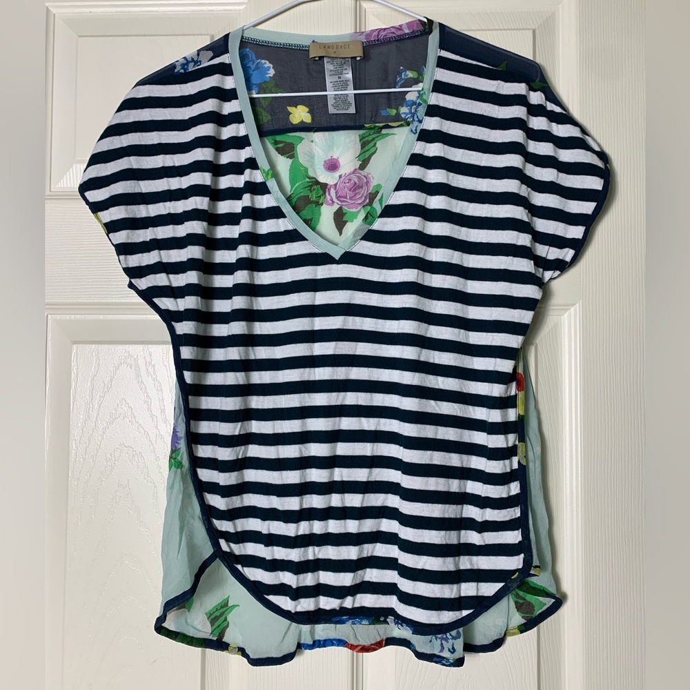 Language | Rayon Silk Striped Floral Short Sleeve Top - Medium